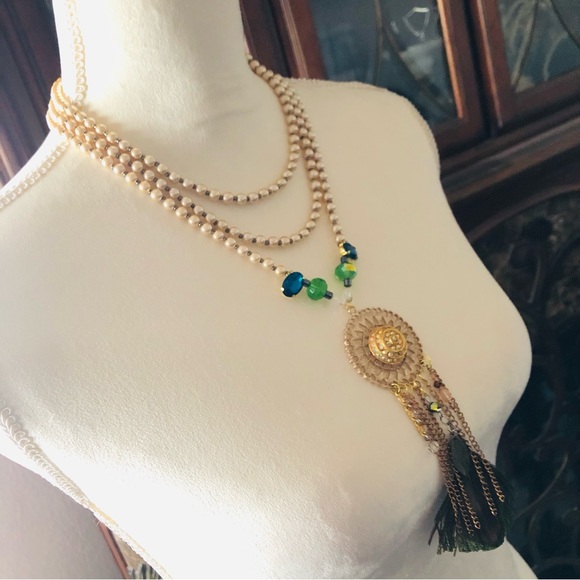 Handcrafted filigree pendant Czech Pearl genuine emerald gemstone clasp necklace - Picture 4 of 12